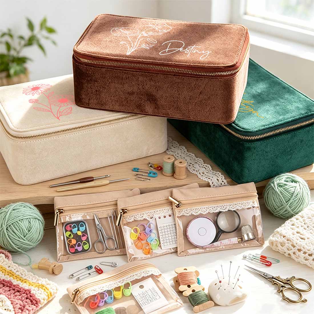 Personalized Plush Velvet Knitting Crochet Notions Case Box Portable Storage Box Section Stitch Markers Custom Name with Birth Flower