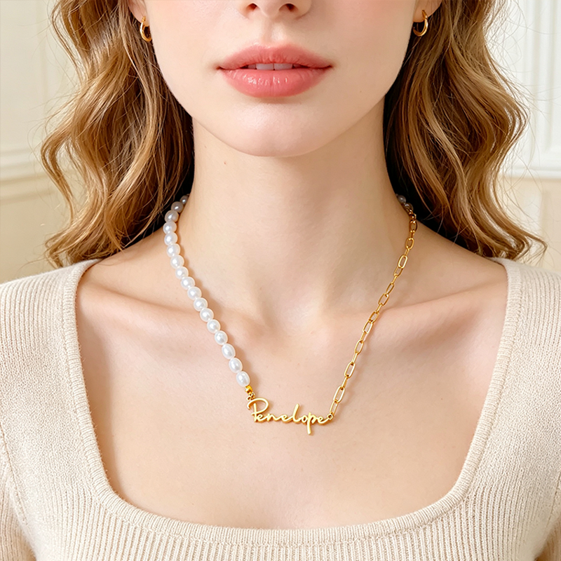 Personalized Pearl Name Necklace for Her Girlfriend Valentine's Day Gift Delicate Pearl & Paperclip Chain Necklace Anniversary Name Jewelry Necklace for Women Birthday Gift for Women