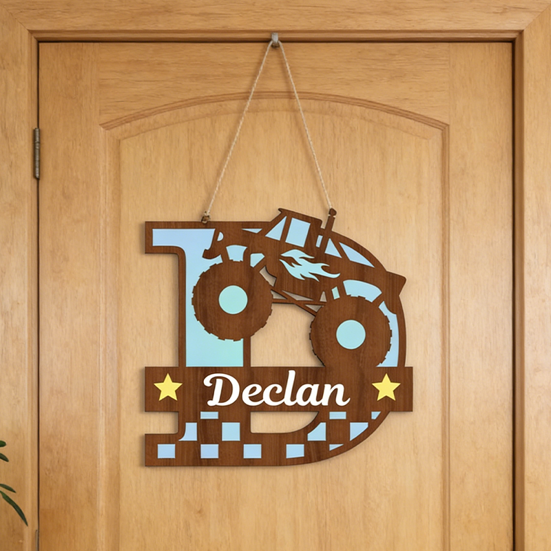 Personalized Wooden 3D Name Sign Monster Truck Wall Decor for Kids