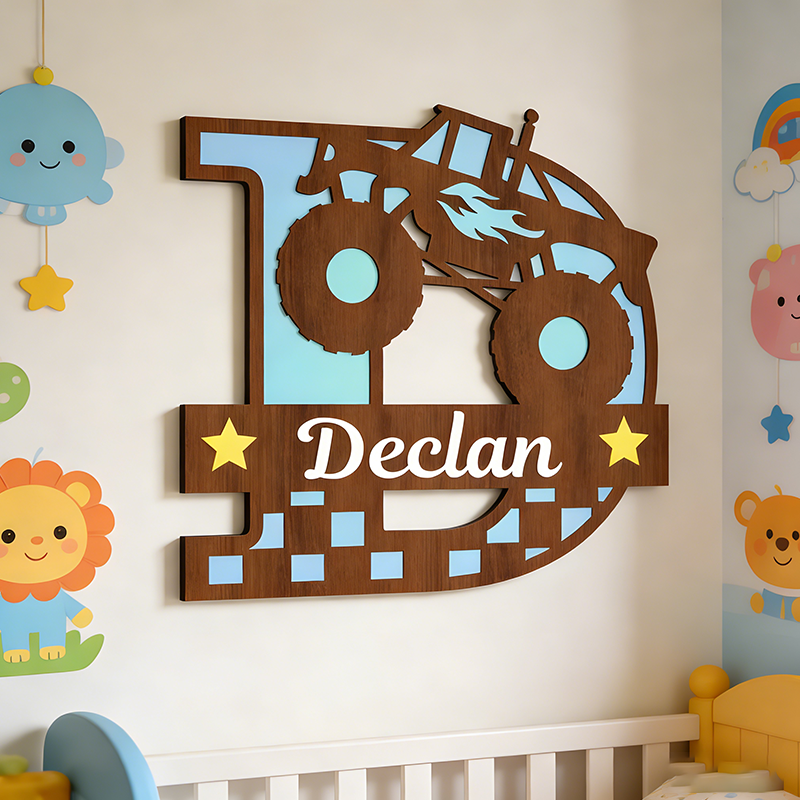 Personalized Wooden 3D Name Sign Monster Truck Wall Decor for Kids