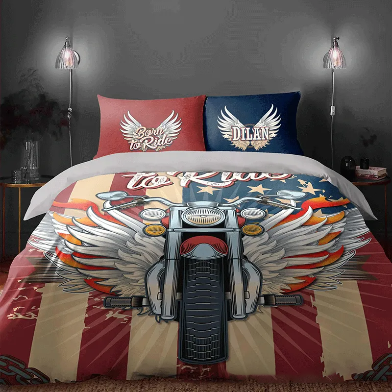 Personalized Born to Ride Duvet Cover Set Custom Chopper Style Comforter for Boys and Men Riders