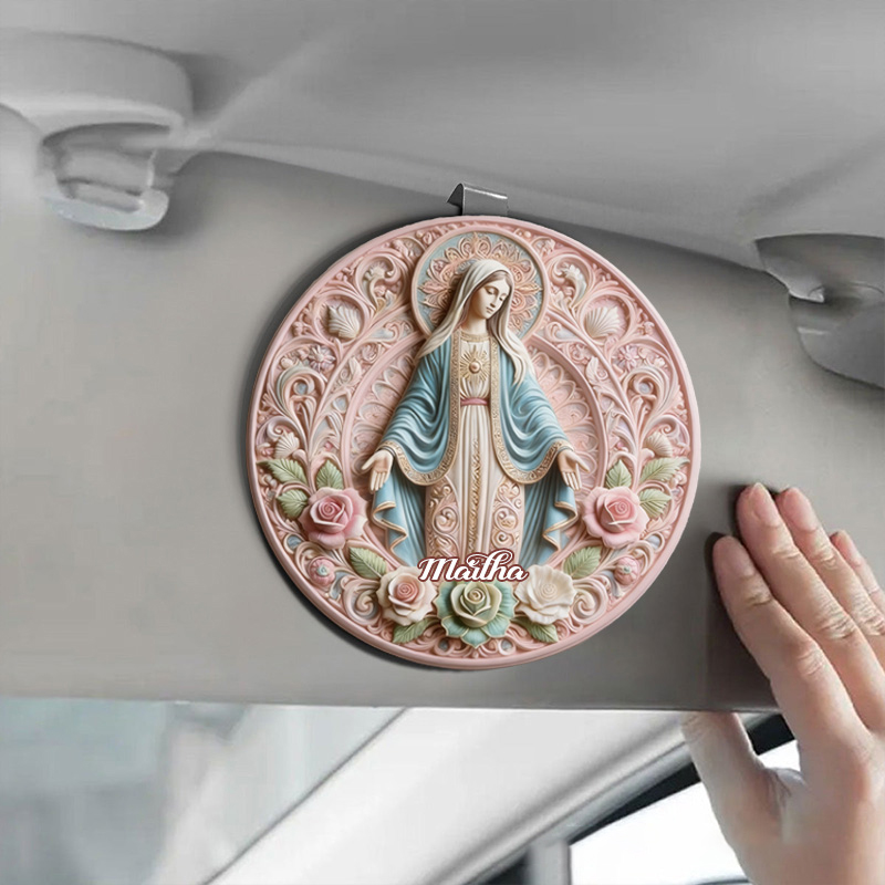 Personalized Virgin Mary God of Mother Pink Floral Car Visor Clip with Custom Name Car Decor Religious Gift Catholic Gift for Women