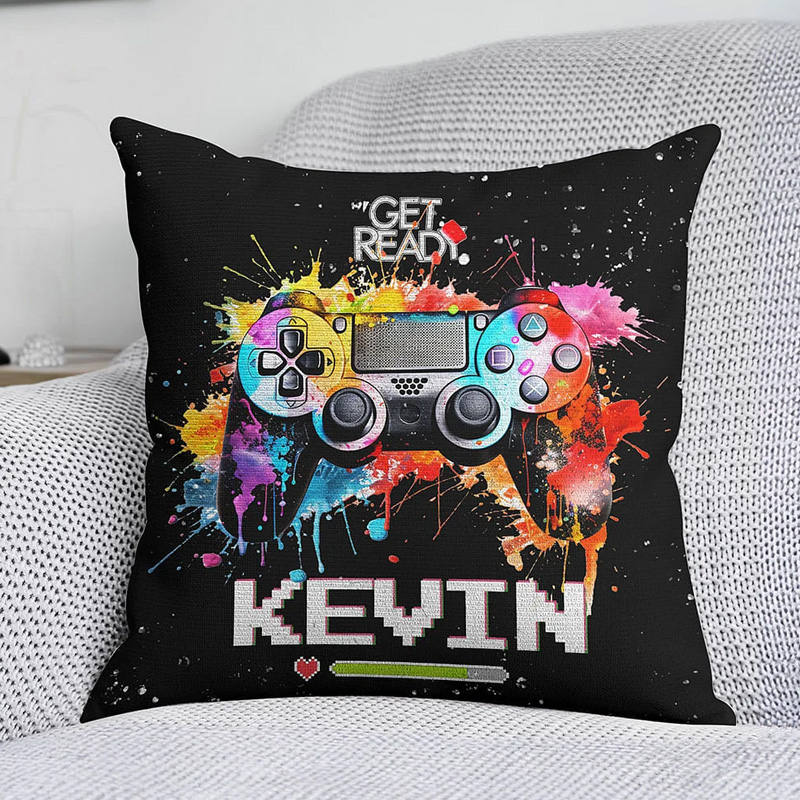 Personalized Get Ready Colorful Ink Splash Gamepad Design Throw Pillow Cover with Name Gaming Room Decor Birthday Gift for Game Geek Lovers