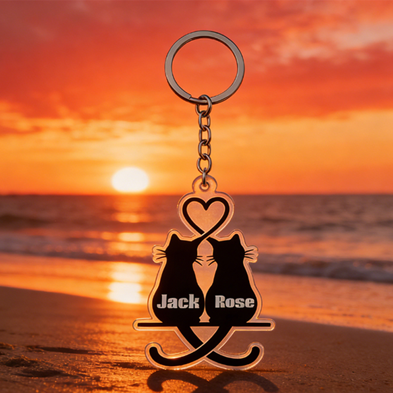 Personalized Snuggling Cats Keychain Couple Silhouette Engraved Key Ring Cute Gift for Couples Valentine's Day Present