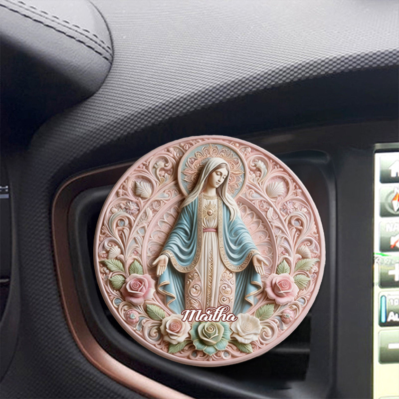 Personalized Virgin Mary God of Mother Pink Floral Car Visor Clip with Custom Name Car Decor Religious Gift Catholic Gift for Women