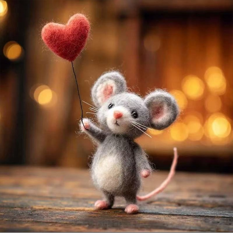 Felt Ornament Set -Needle Felted Mouse with Heart – Valentine’s Day Handmade Wool Gift