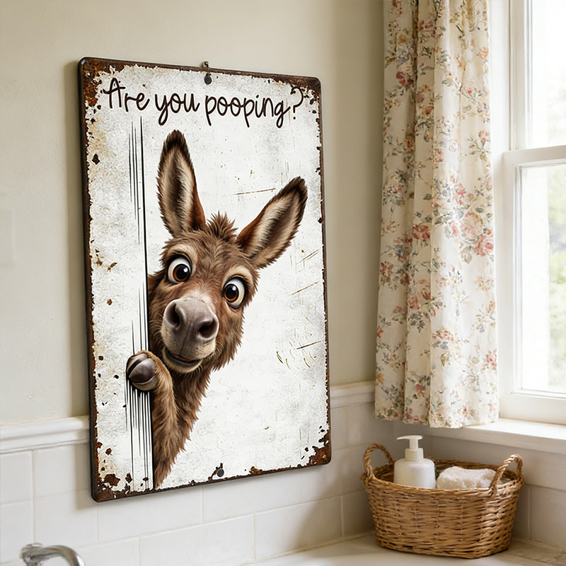 Are You Pooping Donkey Sign, Funny Farm Animal Decor, Peeking Donkey Rustic Metal Sign, Farmhouse Bathroom Humor Wall Art