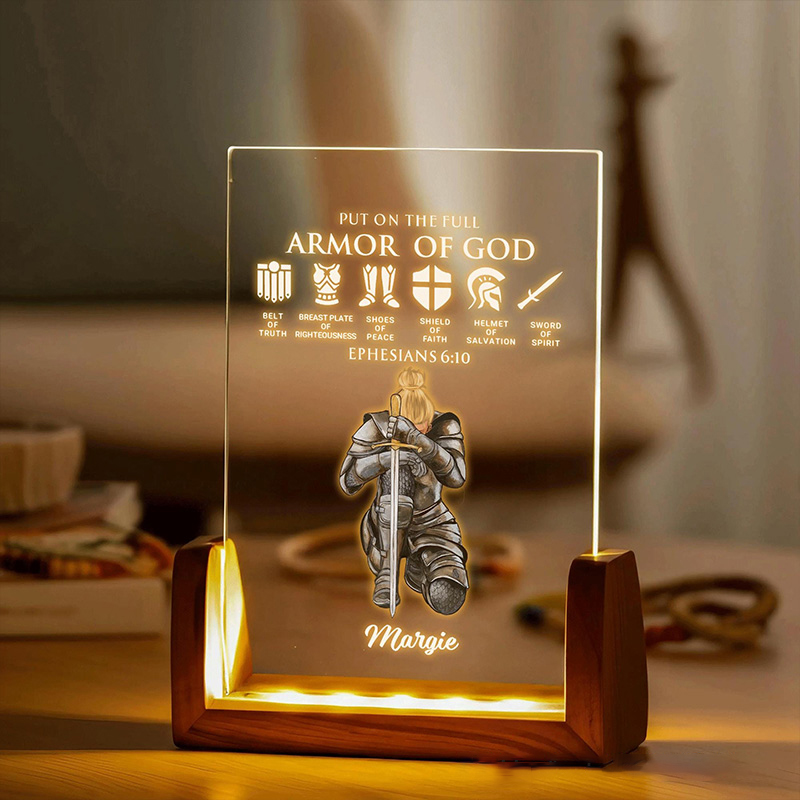 Personalized Put the Full Armor of God Wooden Base LED Night Light with Custom Name Religious Gift Prayer Best Gift for her