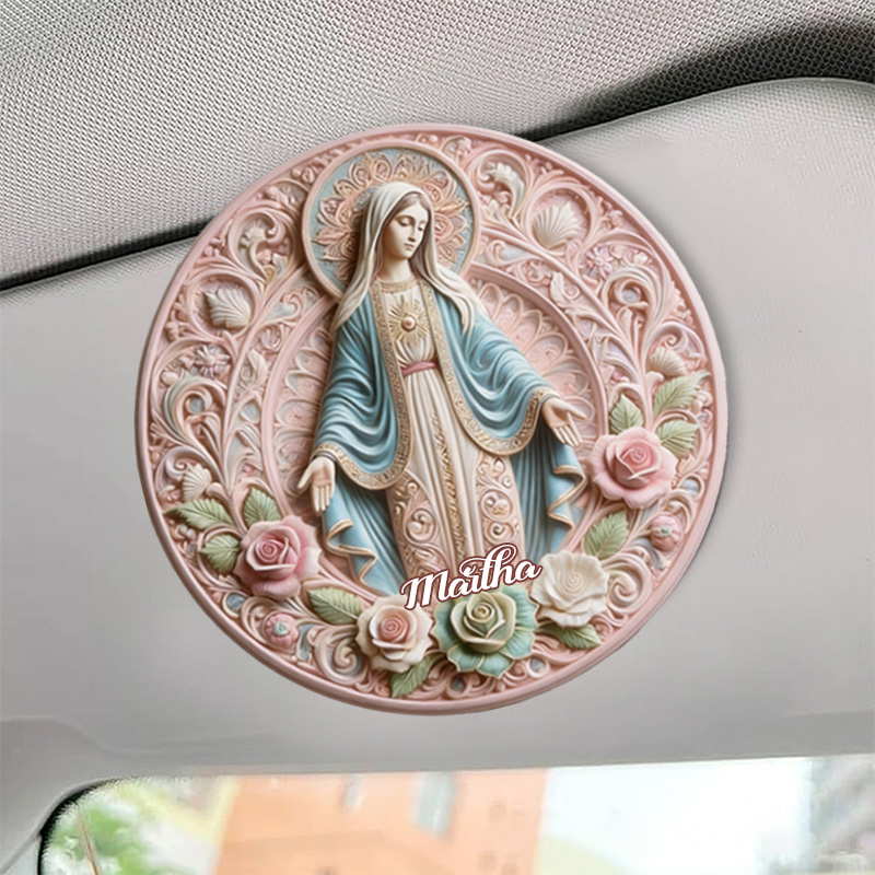 Personalized Virgin Mary God of Mother Pink Floral Car Visor Clip with Custom Name Car Decor Religious Gift Catholic Gift for Women