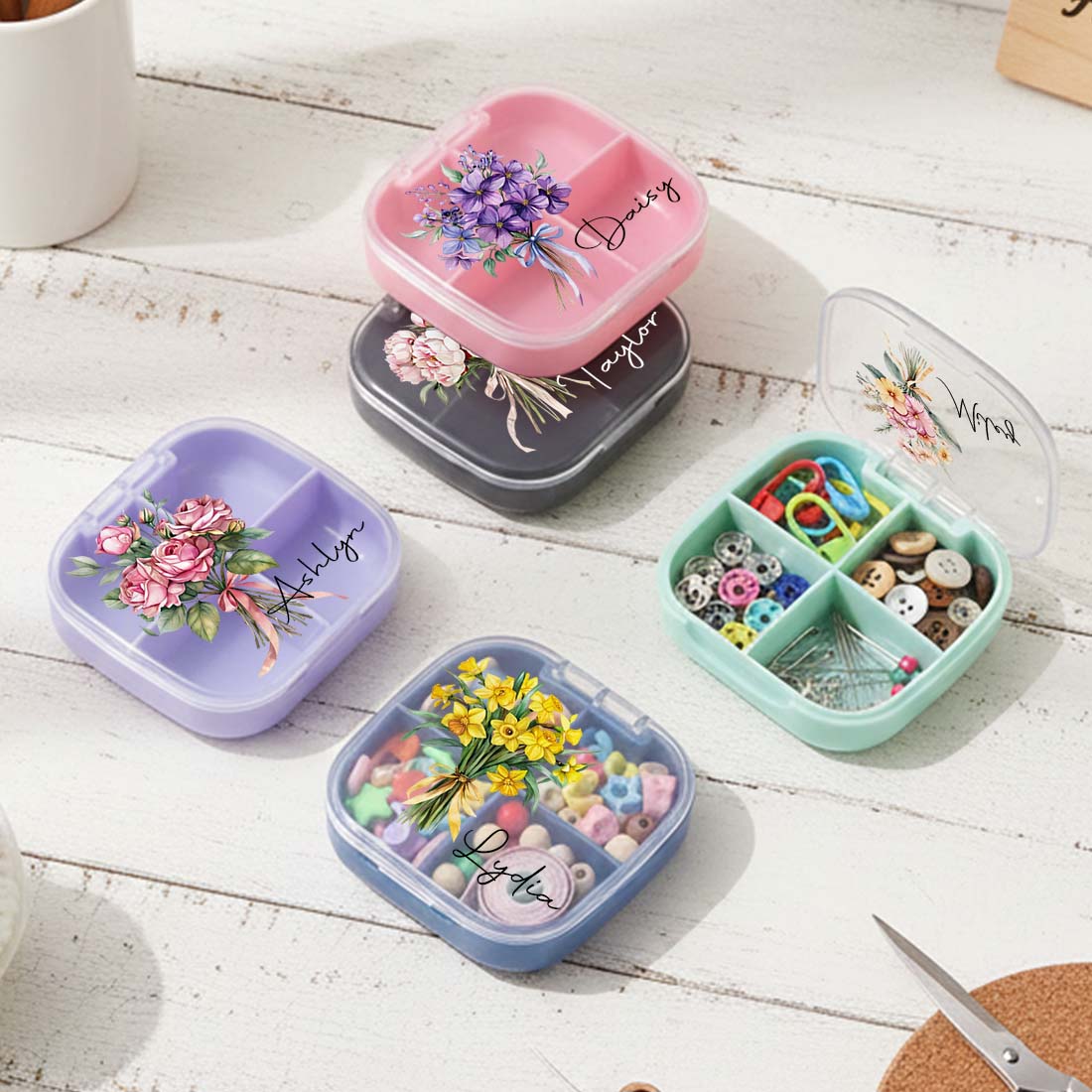 Personalized Knitting Crochet Tool Case Mini Storage Box Custom Name with Birth Flower Crochet Notions Organizer 4 Compartments Multi Section Stitch Markers Point Protectors Tools Travel Compartments Case