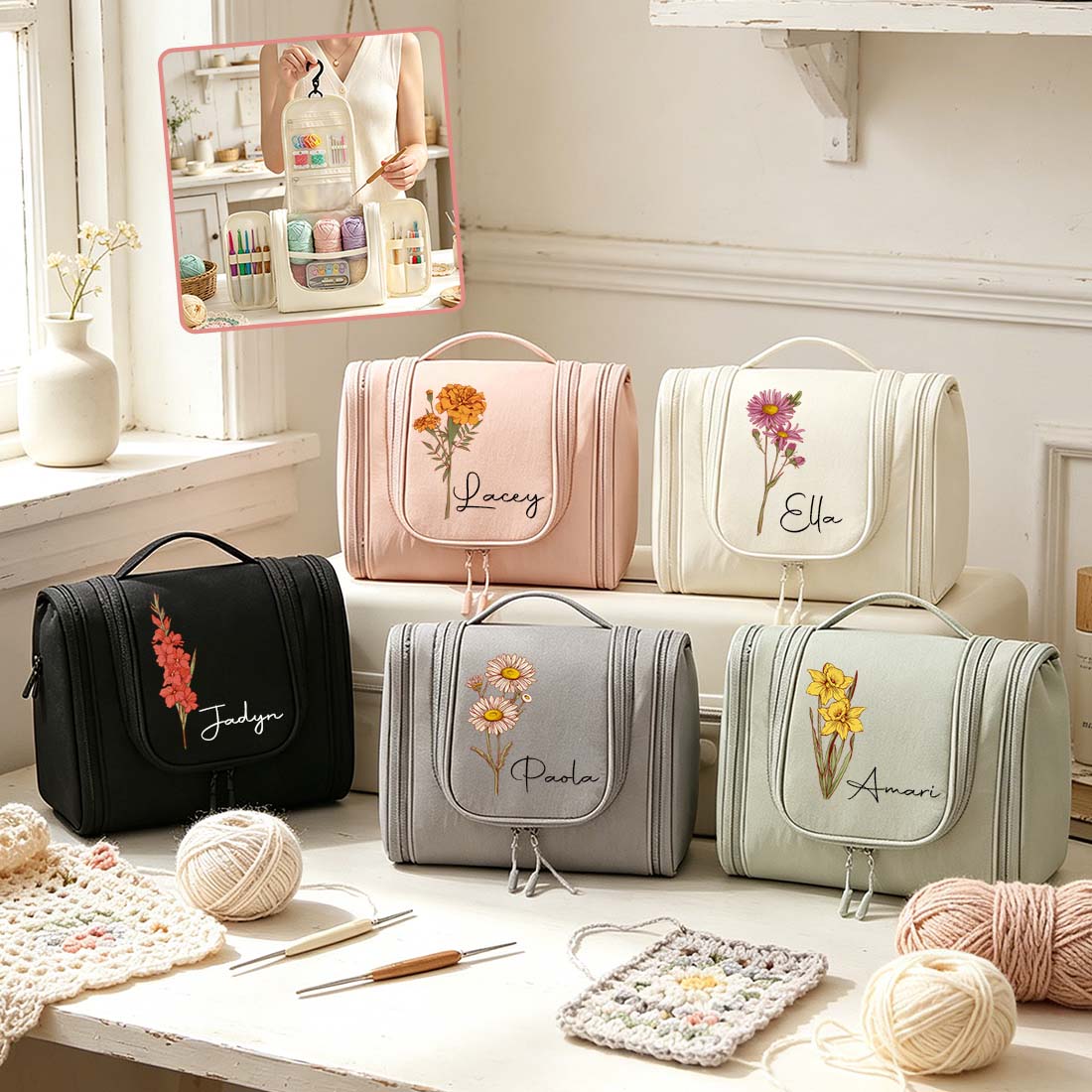 Personalized Crochet Storage Bag Water Resistant Crochet Storage Bag with Hanging Hook Custom Name with Birth Flower Crochet Tool Storage Bag Portable Crochet Tool Storage Bag Large Capacity Multiple Pockets Organizer Bag