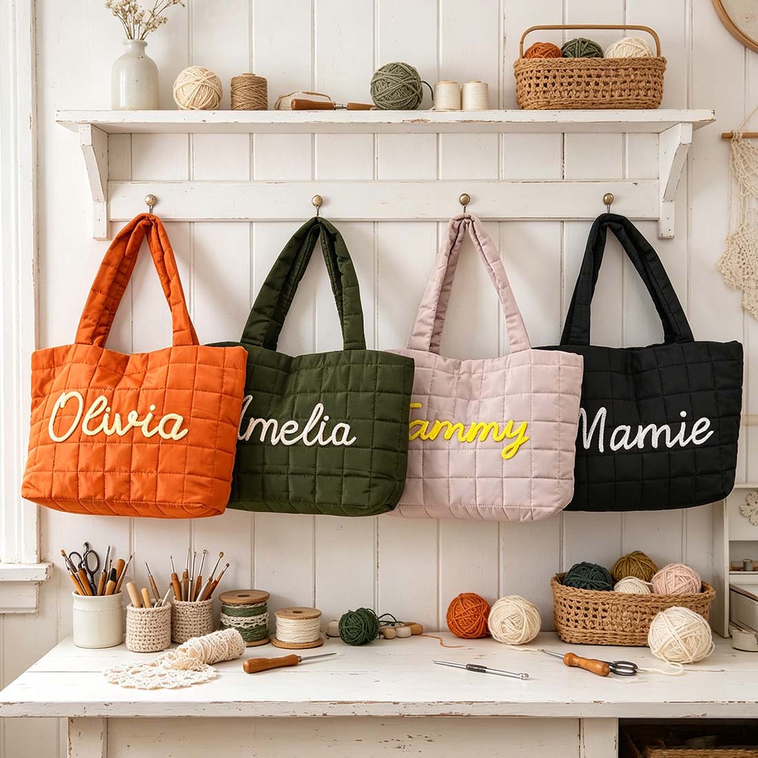 Personalized Crochet Tool Storage Tote Bag, Nylon Quilted Tote Bag, Custom Cotton Rope Embroidery Name Shoulder Tote