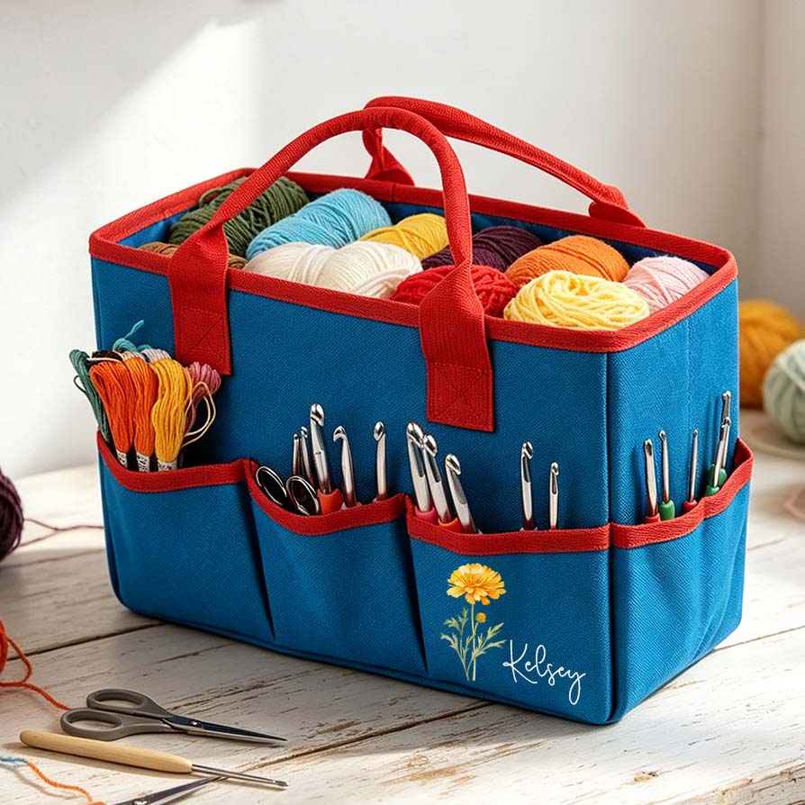 Personalized Crochet Tool Storage Tote Bag Custom Name with Birth Month Flower Premium Oxford Cloth Tote Reusable Storage Bags