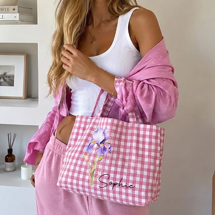 Personalized Crochet Tool Storage Tote Bag Gingham Tote Bag Custom Name with Birth MonthCanvas Tote Reusable Shopping Bag