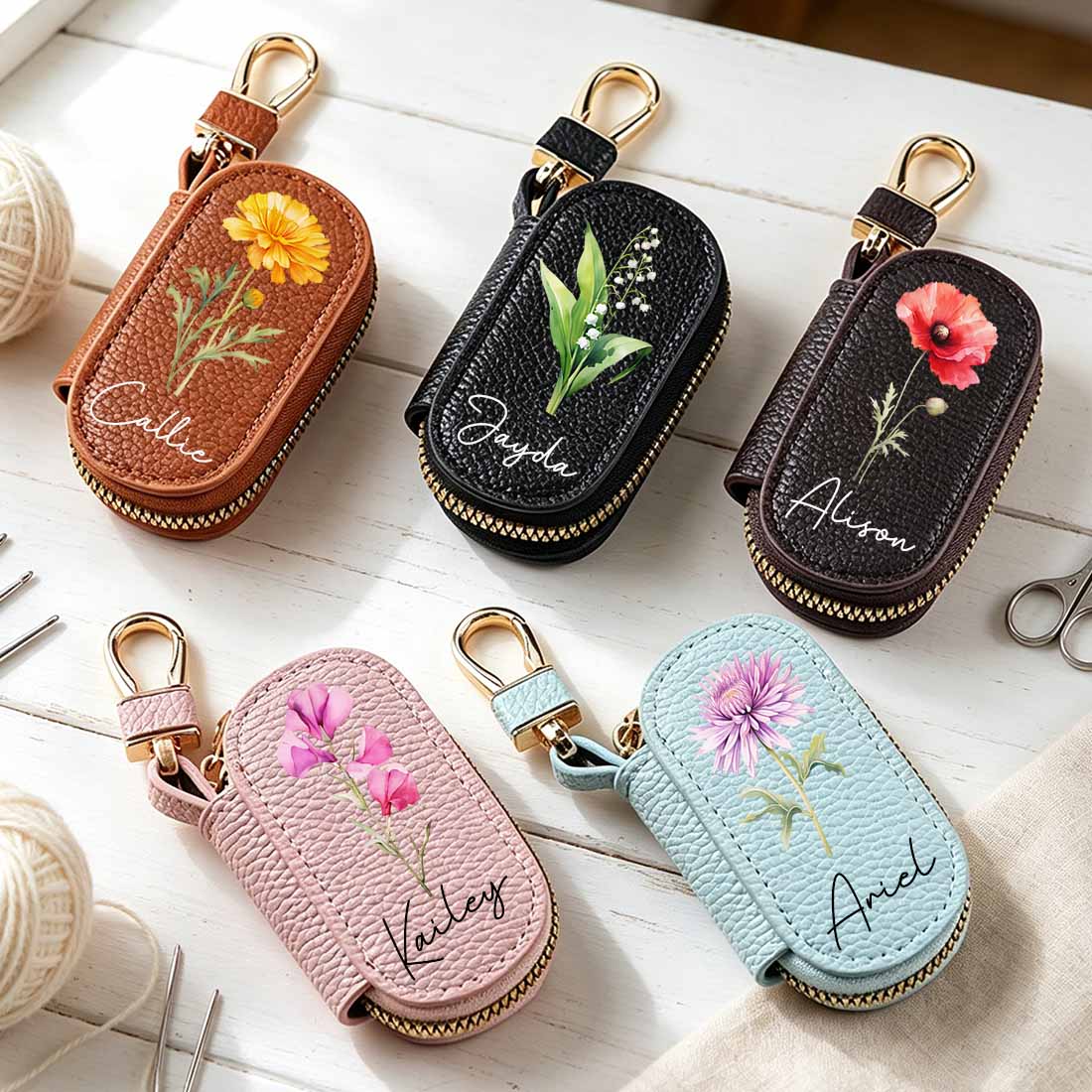 Personalized Knitting Crochet Notions Bag Mini Storage Bag Stitch Markers Point Protectors Tools Custom Name with Birth Flower