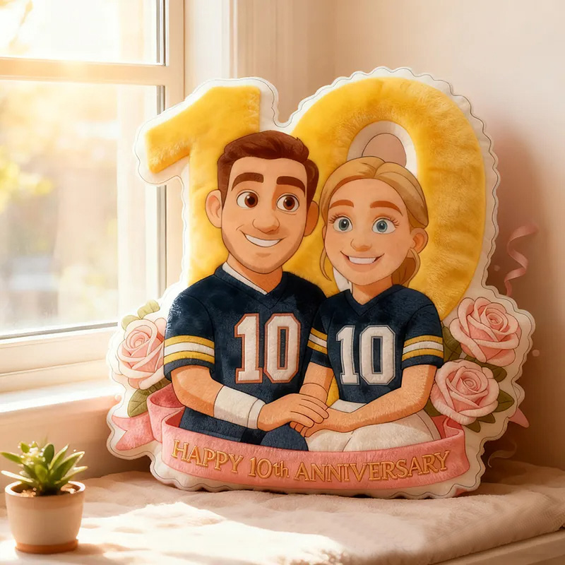 Personalized 10th Anniversary Football Player Pillow with Custom Couple Portrait and Romantic Floral Design Anniversary Gift Valentines Day