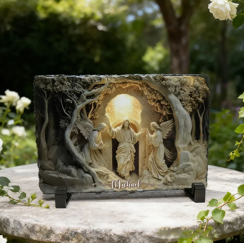 Personalized Jesus Rising Tomb Slate Plaque with Custom Name Easter Decor with Angels Christian Holiday Garden Stone Easter Gift