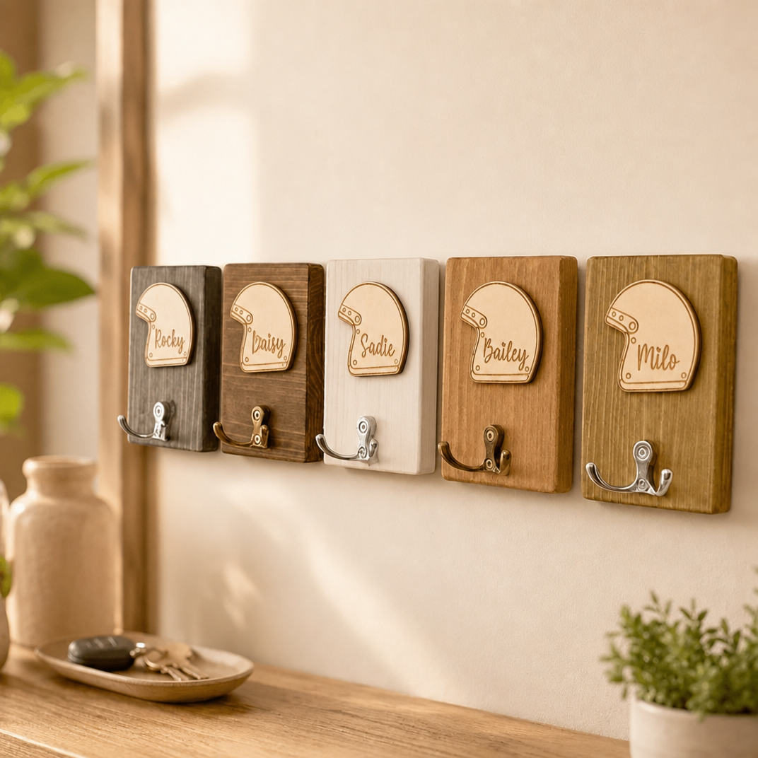Personalized Motorcycle Helmet Wooden Key Hook, Custom Name Wall Mount Key Holder for Riders
