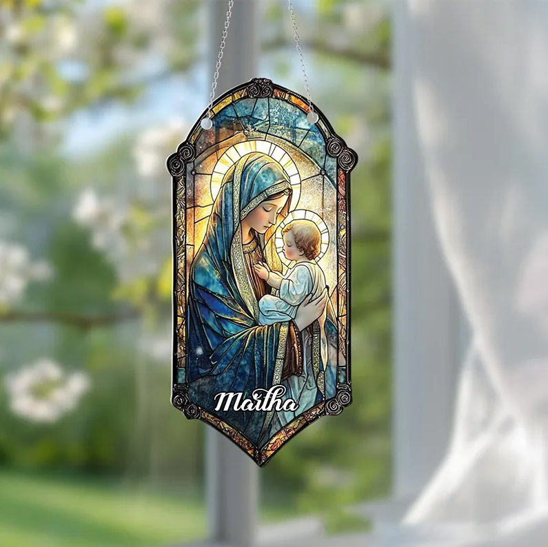 Personalized Virgin Mary and Baby Jesus Suncatcher with Custom Name Religious Virgin Mary Window Decor Religious Gift Catholic Gift for Her