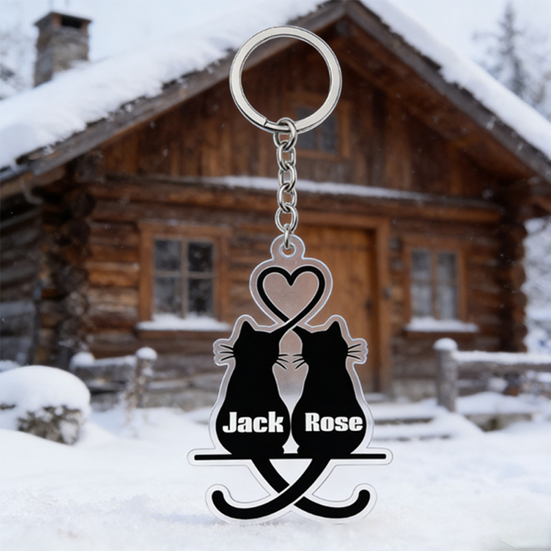 Personalized Snuggling Cats Keychain Couple Silhouette Engraved Key Ring Cute Gift for Couples Valentine's Day Present