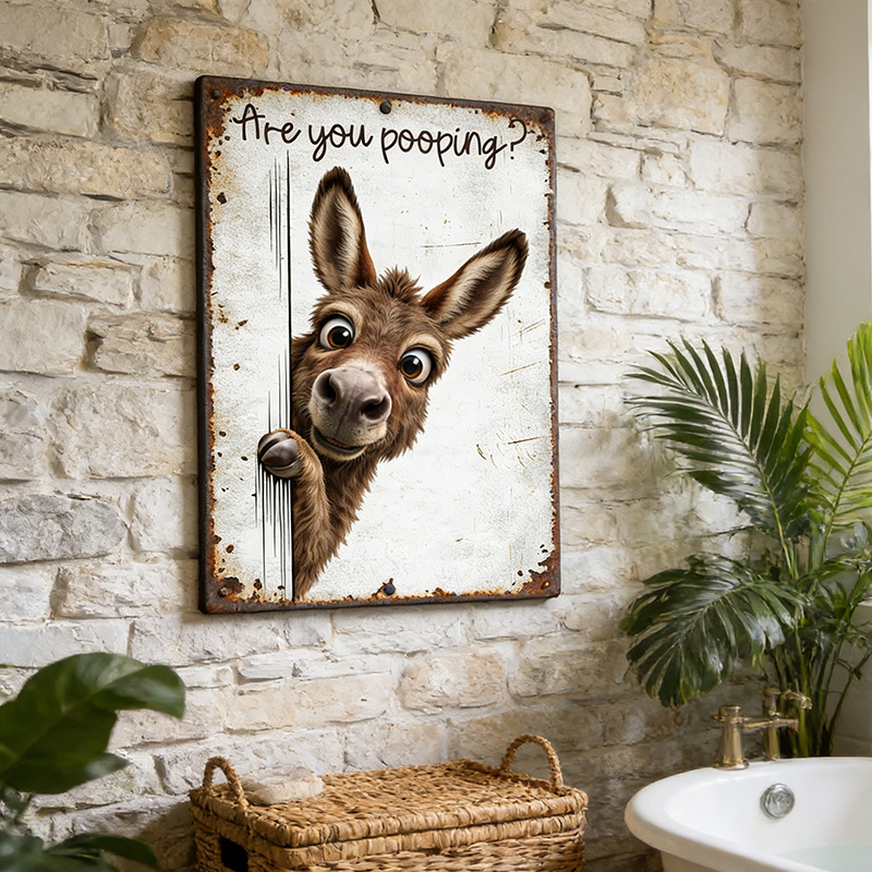 Are You Pooping Donkey Sign, Funny Farm Animal Decor, Peeking Donkey Rustic Metal Sign, Farmhouse Bathroom Humor Wall Art