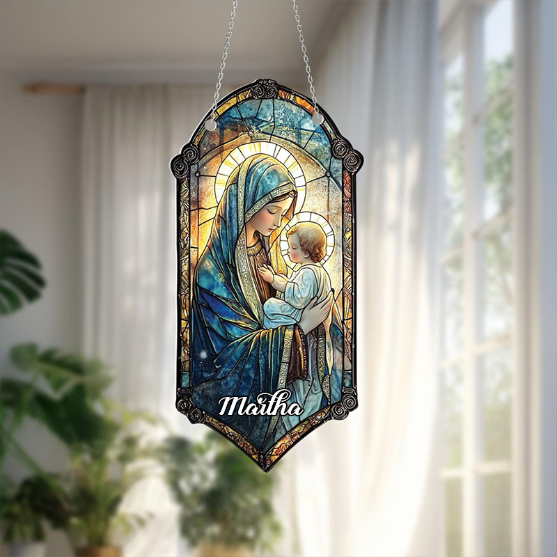 Personalized Virgin Mary and Baby Jesus Suncatcher with Custom Name Religious Virgin Mary Window Decor Religious Gift Catholic Gift for Her