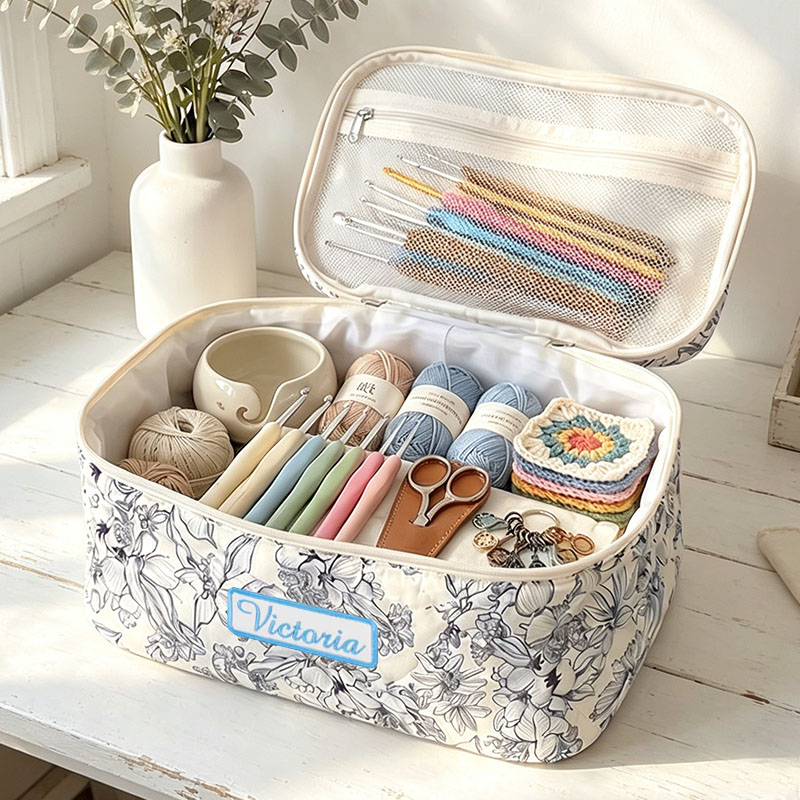 Personalized Embroidered Name Cotton Quilted Crochet Tool Storage Bag Large Small  Floral Crochet Tool Storage Bag Set Cute Coquette Pouch for Purse Aesthetic Cloth Flower Storage Bag Organizer