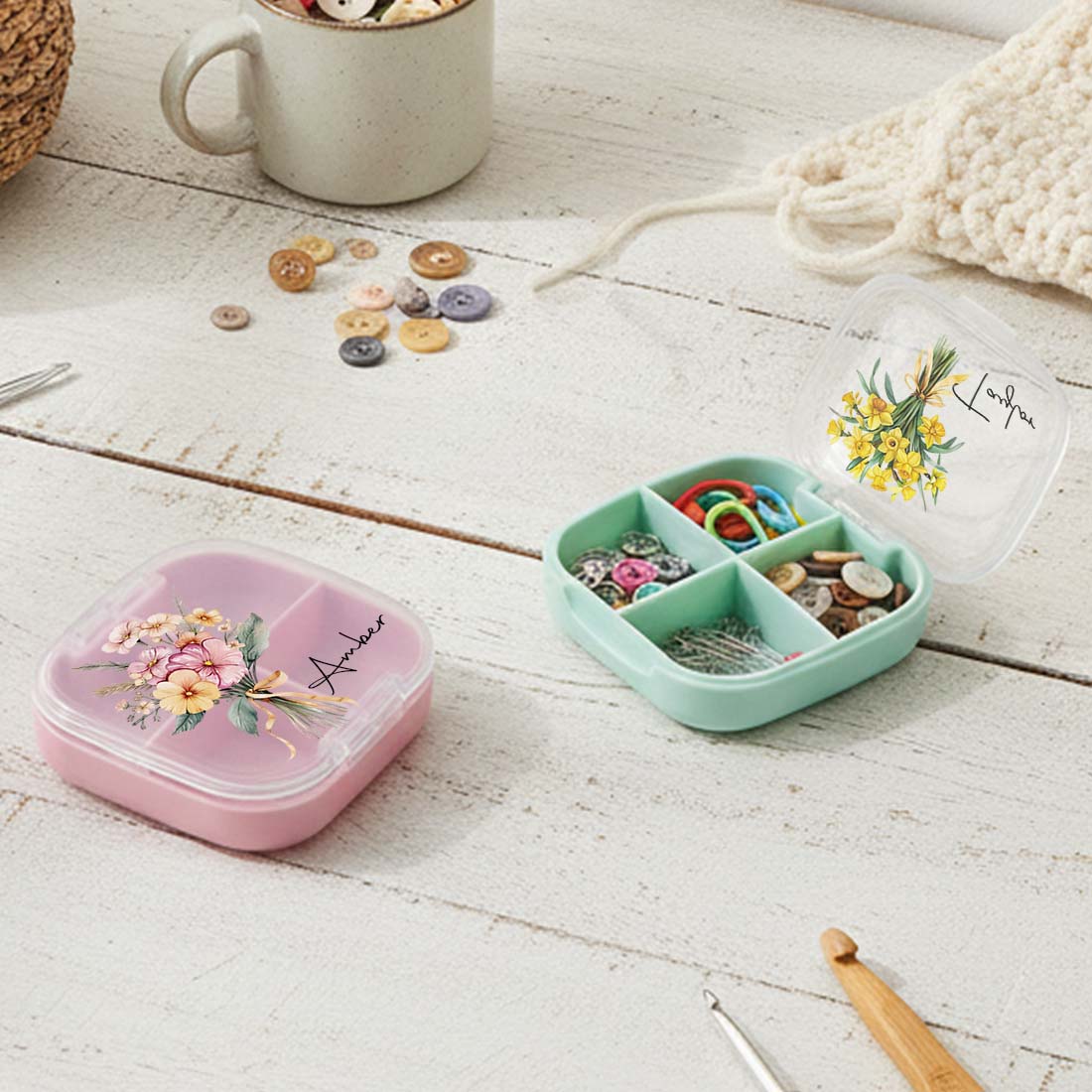 Personalized Knitting Crochet Tool Case Mini Storage Box Custom Name with Birth Flower Crochet Notions Organizer 4 Compartments Multi Section Stitch Markers Point Protectors Tools Travel Compartments Case