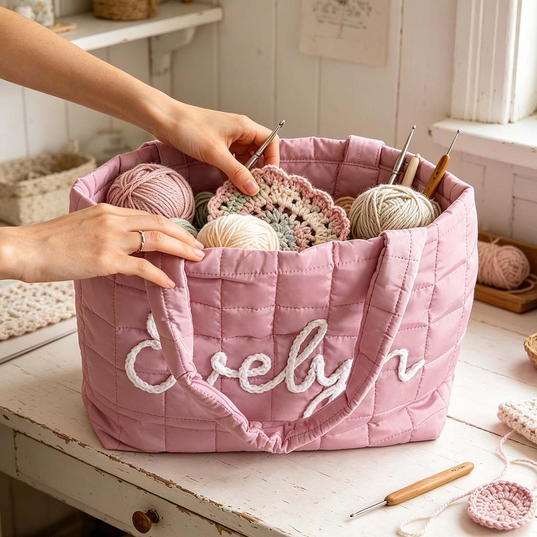 Personalized Crochet Tool Storage Tote Bag, Nylon Quilted Tote Bag, Custom Cotton Rope Embroidery Name Shoulder Tote