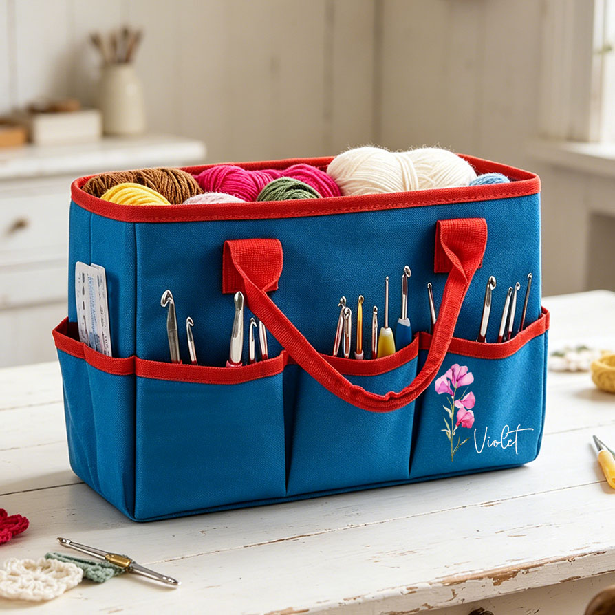 Personalized Crochet Tool Storage Tote Bag Custom Name with Birth Month Flower Premium Oxford Cloth Tote Reusable Storage Bags