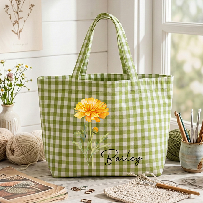 Personalized Crochet Tool Storage Tote Bag Gingham Tote Bag Custom Name with Birth MonthCanvas Tote Reusable Shopping Bag