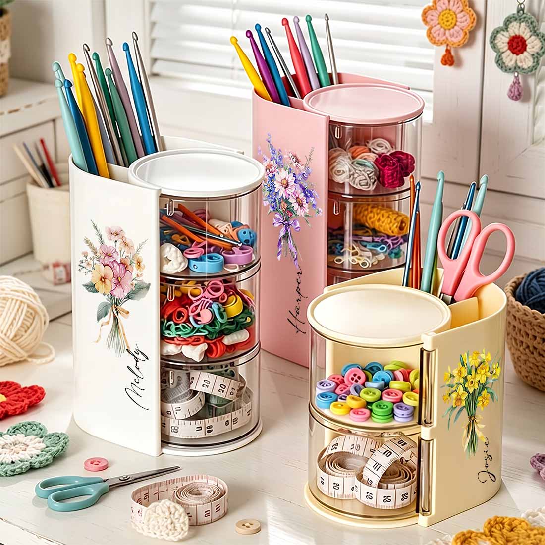 Rotary Crocheting Tools Storage Box Transparent Dust Multi Layer Square Crochet Tools Storage Rack