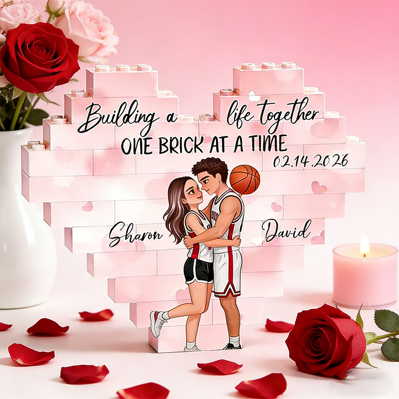 Personalized Basketball Couple Heart Building Block Building a Life Together One Brick at a Time  with Custom Names and Date Valentine's Day Gift
