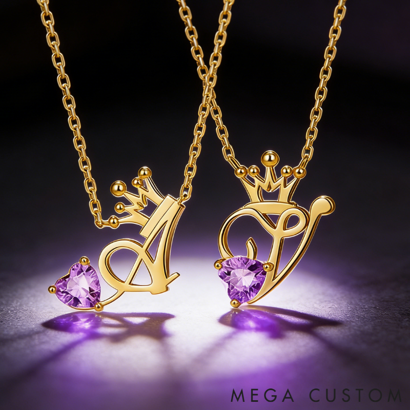 Personalized Sterling Silver Unique Shaped Initial Crown Birthstone Color Necklace