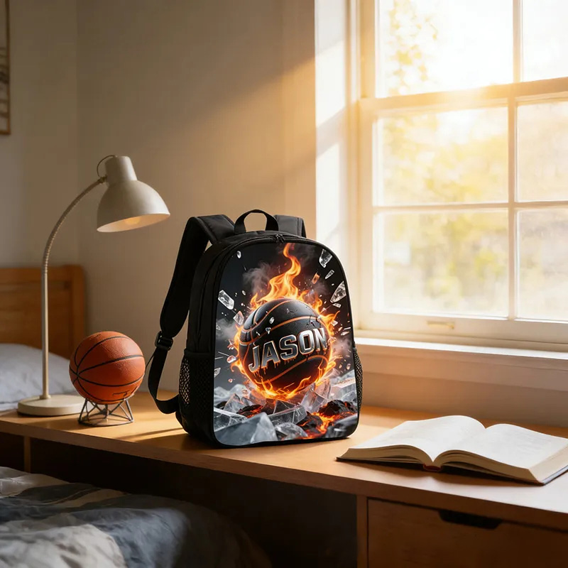 Personalized Basketball Backpack with Fiery Design and Custom Name for Kids and Basketball Lovers Black to School Gift