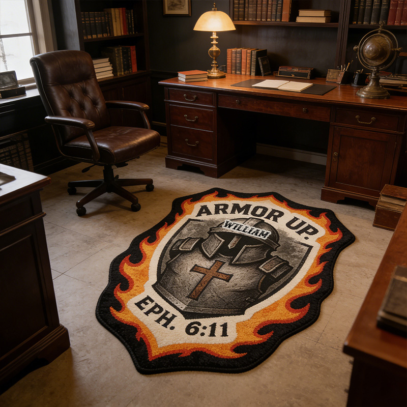 Personalize Armor Up Rug with Custom Name Christian Knight Helmet and Shield Rug Religious Gift Christian Gift for him