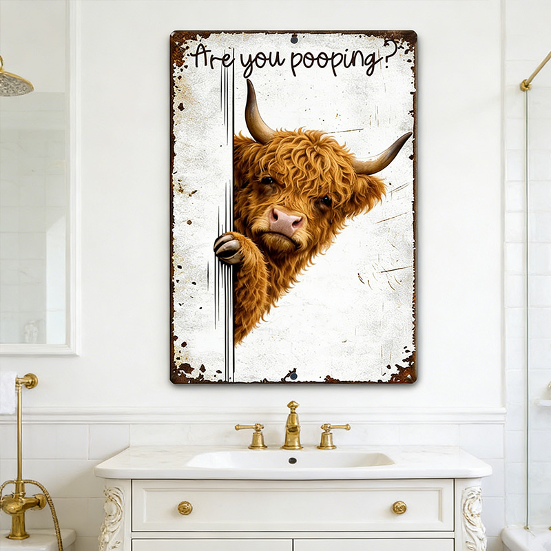 Are You Pooping Highland Cow Sign, Funny Peeking Bathroom Decor, Rustic Farmhouse Humor