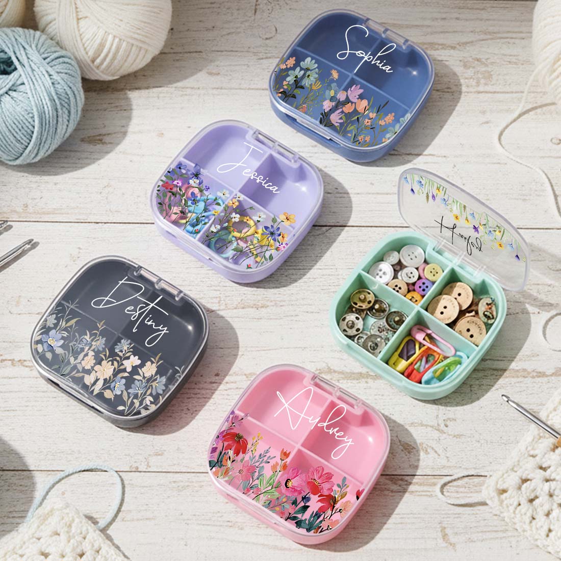 Personalized Knitting Crochet Notions Case Mini Storage Box 4 Compartments Multi Section Stitch Markers Point Protectors Tools Travel Compartments Case Custom Name with Birth Flower Crochet Tool Organizer