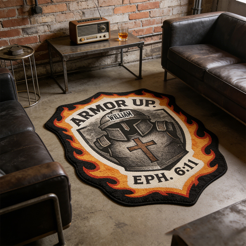 Personalize Armor Up Rug with Custom Name Christian Knight Helmet and Shield Rug Religious Gift Christian Gift for him