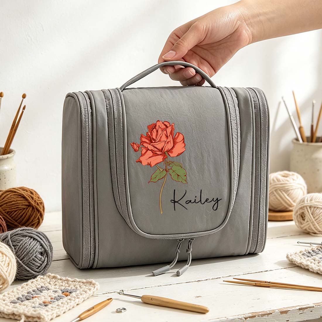 Personalized Crochet Storage Bag Water Resistant Crochet Storage Bag with Hanging Hook Custom Name with Birth Flower Crochet Tool Storage Bag Portable Crochet Tool Storage Bag Large Capacity Multiple Pockets Organizer Bag