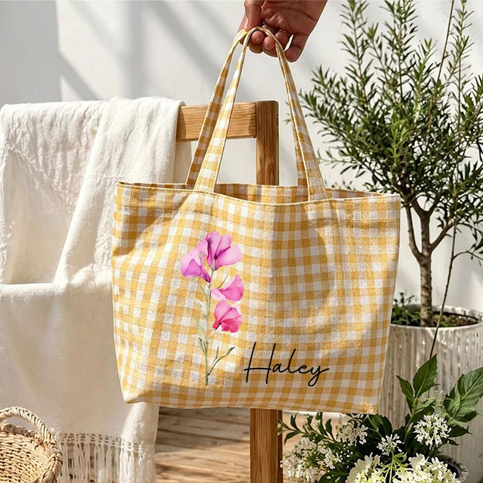 Personalized Crochet Tool Storage Tote Bag Gingham Tote Bag Custom Name with Birth MonthCanvas Tote Reusable Shopping Bag