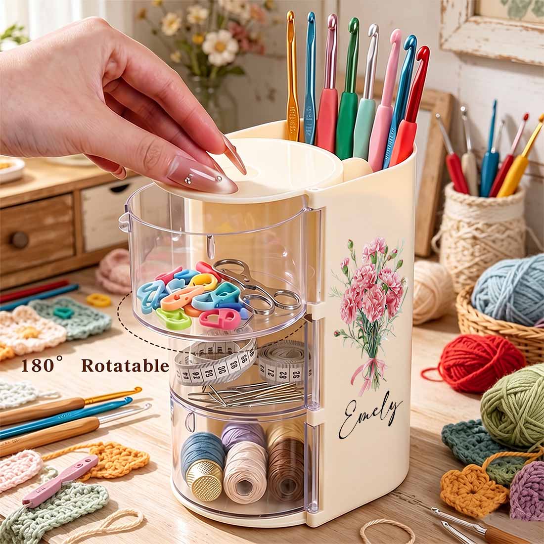 Rotary Crocheting Tools Storage Box Transparent Dust Multi Layer Square Crochet Tools Storage Rack