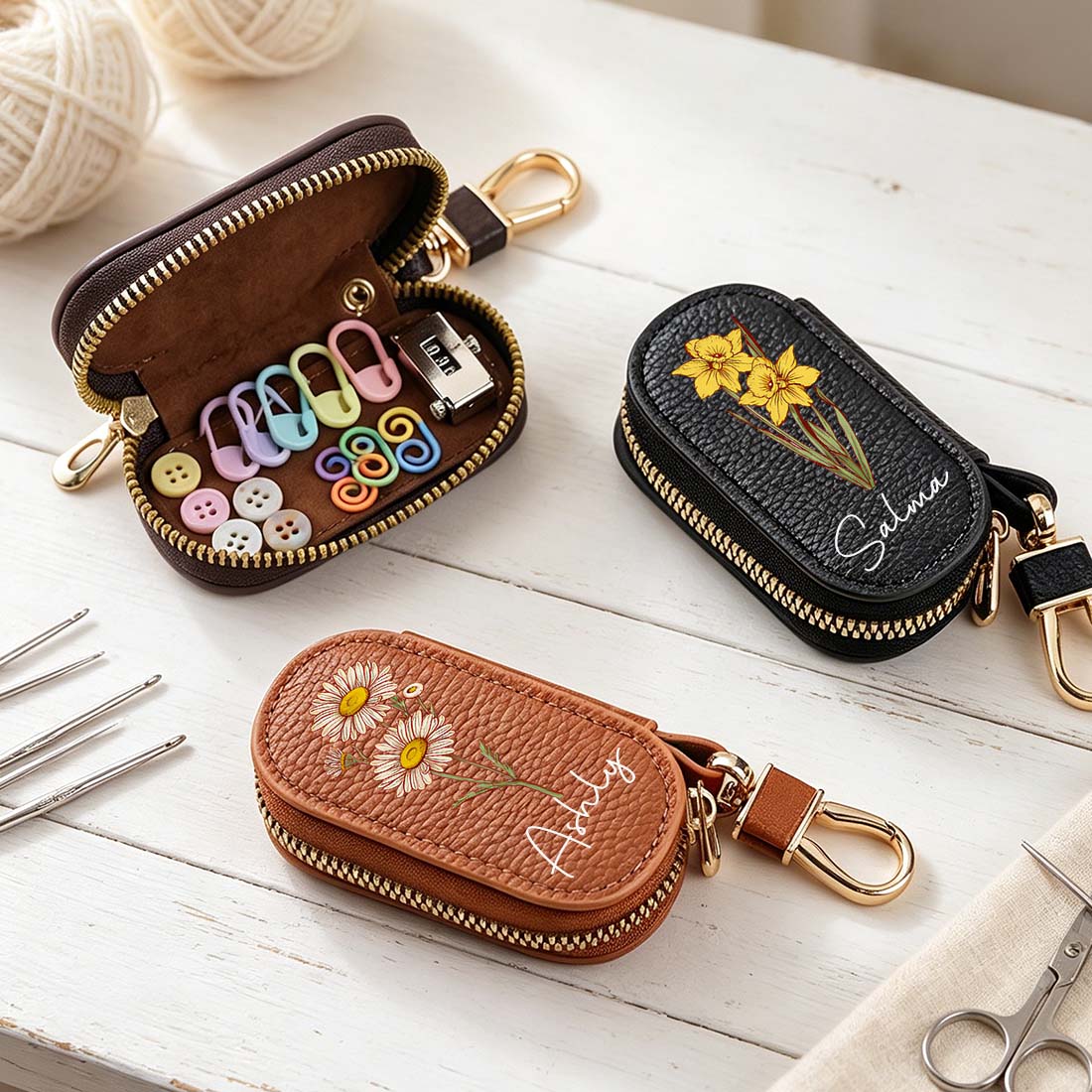 Personalized Knitting Crochet Notions Bag Mini Storage Bag Stitch Markers Point Protectors Tools Custom Name with Birth Flower