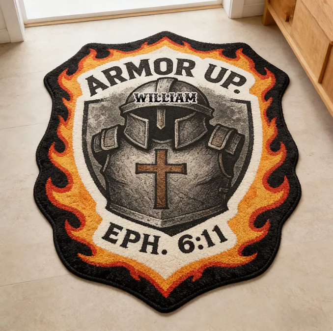 Personalize Armor Up Rug with Custom Name Christian Knight Helmet and Shield Rug Religious Gift Christian Gift for him