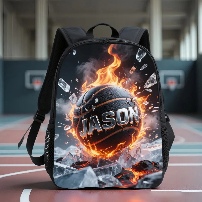 Personalized Basketball Backpack with Fiery Design and Custom Name for Kids and Basketball Lovers Black to School Gift