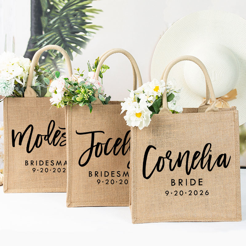 Personalized Bridesmaid Boho Burlap Tote Bag Custom Bride Name Jute Tote Bag Wedding Date Beach Bag Bachelorette Party Favors Bridal Shower Gift