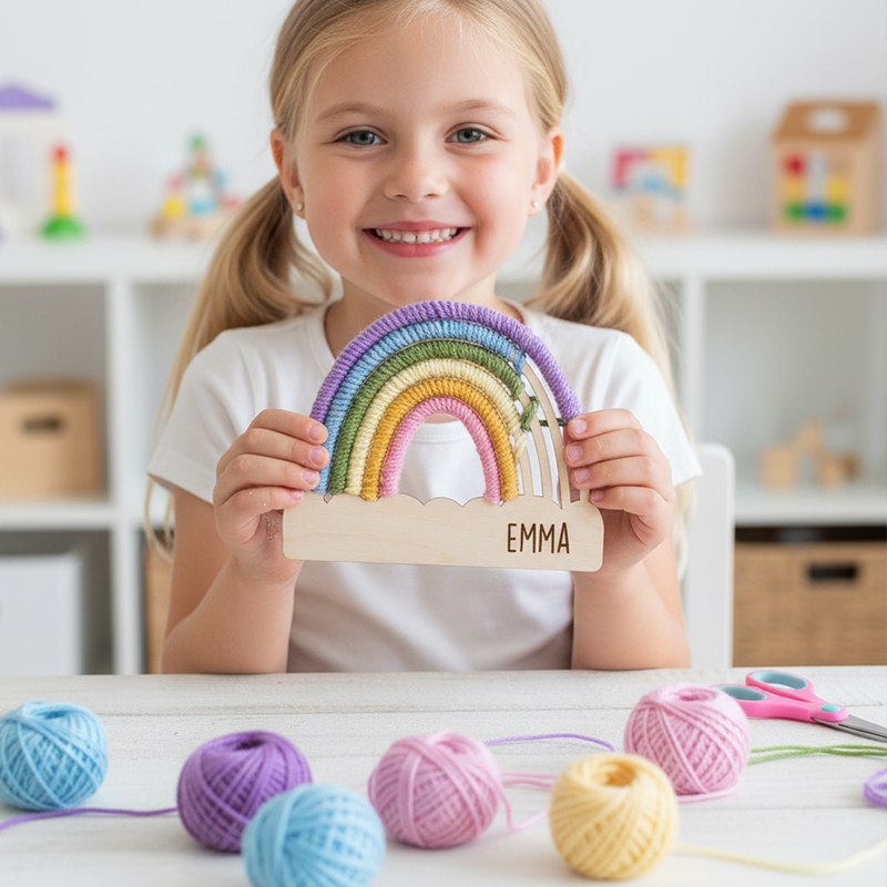 Personalized DIY Yarn Rainbow Kit for Kids Custom Name Craft with Birch Base and 6 Yarn Colors