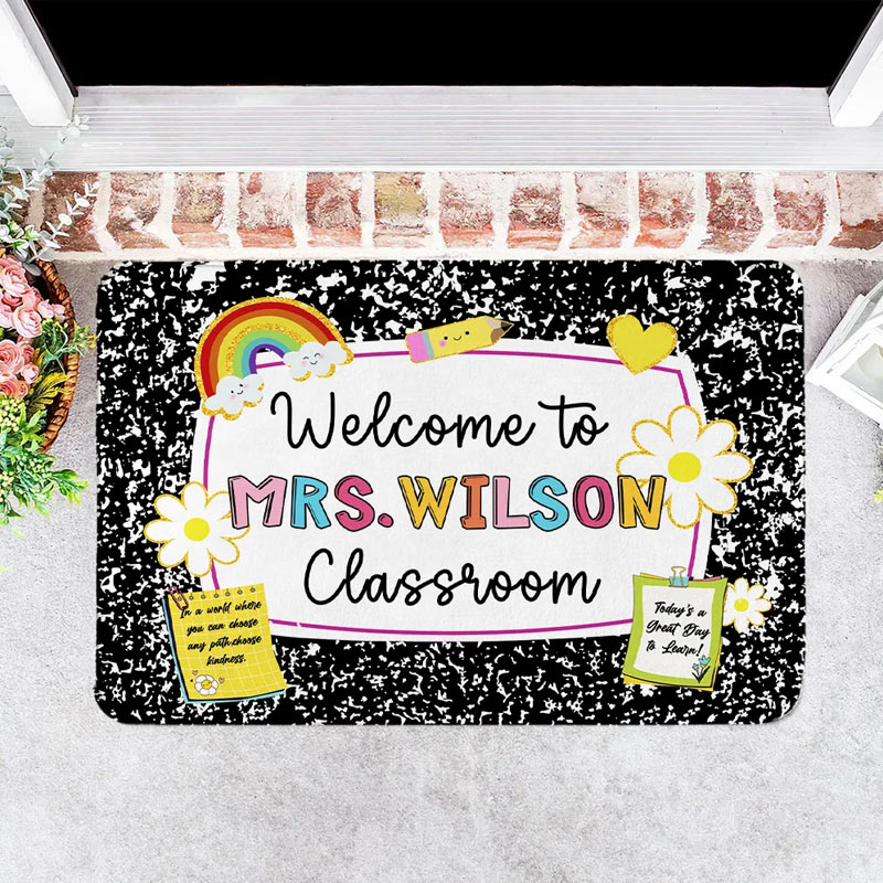 Personalized Multicolor Pencil Rainbow Welcome to Classroom Non-Slip Doormat with Text Teacher's Day Back to School Gift for Teacher