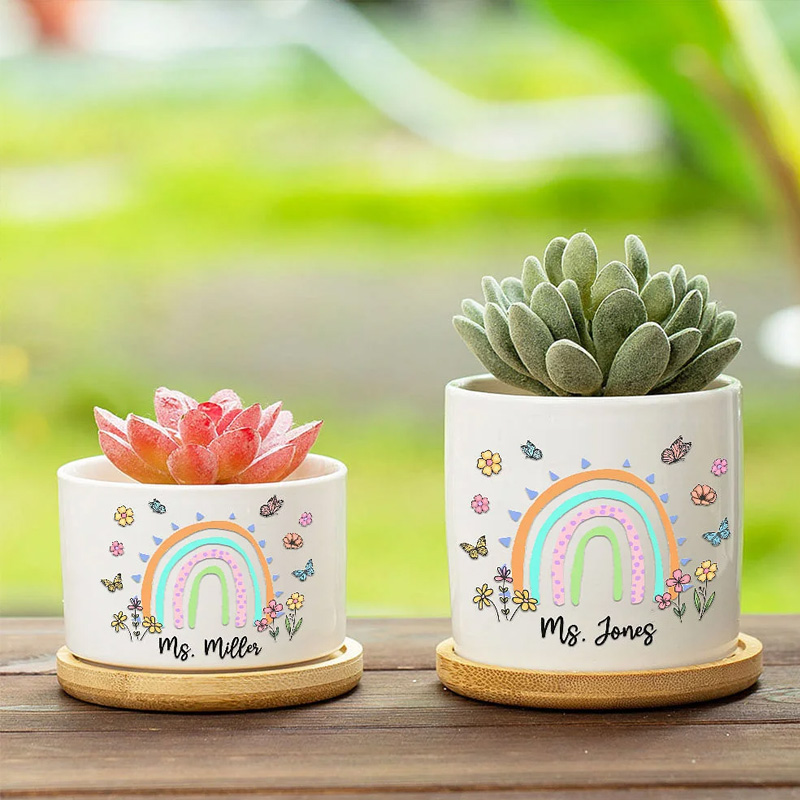 Personalized Thank You for Helping Me Grow Rainbow Butterflies Ceramic Plant Pot with Bamboo Base and Name Appreciation Gift for Teacher