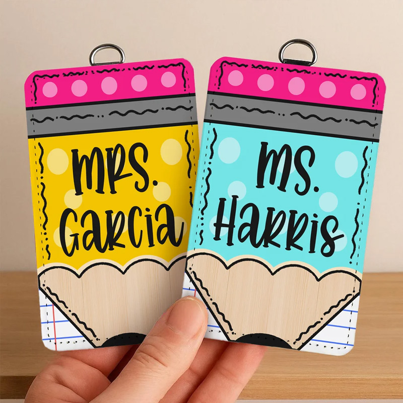 Personalized Polka Dots Pencil Design PU Leather ID Badge Holder with Text Back to School Teacher's Day Appreciation Gift for Teacher